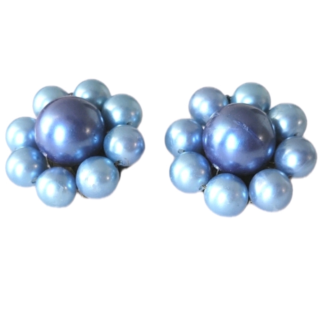 Vintage Retro Blue Cluster Beaded Clip-On Earrings Costume Jewelry